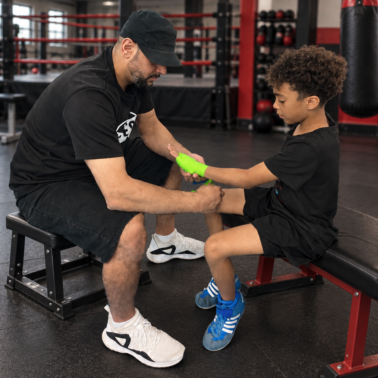 A boxing coach carefully wrapping a young boxer's hands before training